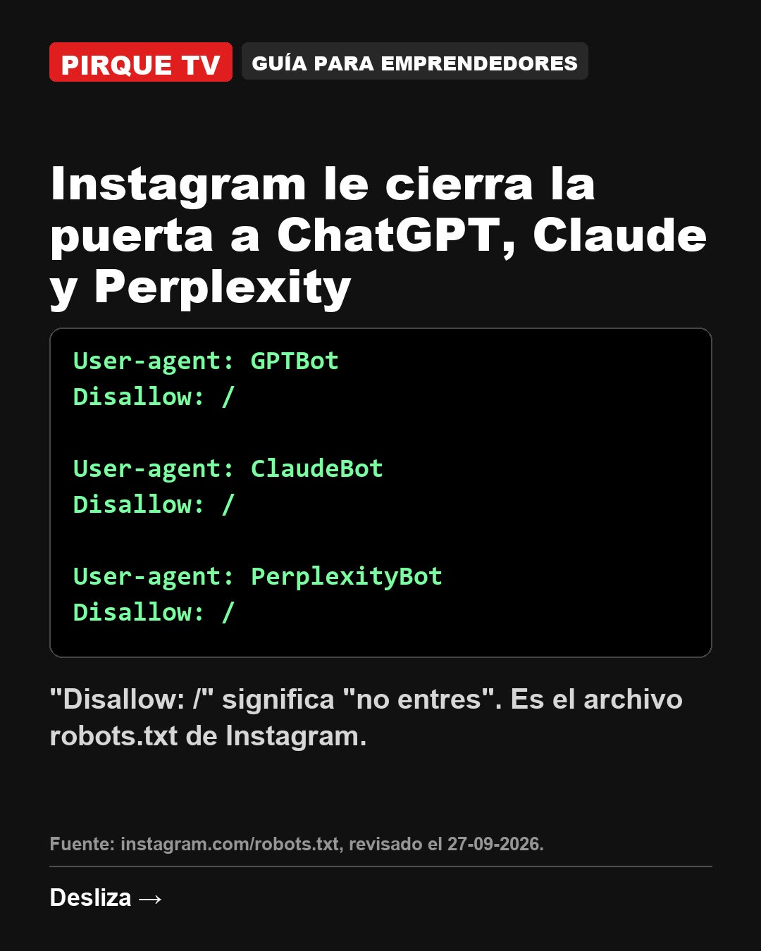 Robots.txt de Instagram bloqueando a GPTBot, ClaudeBot y PerplexityBot