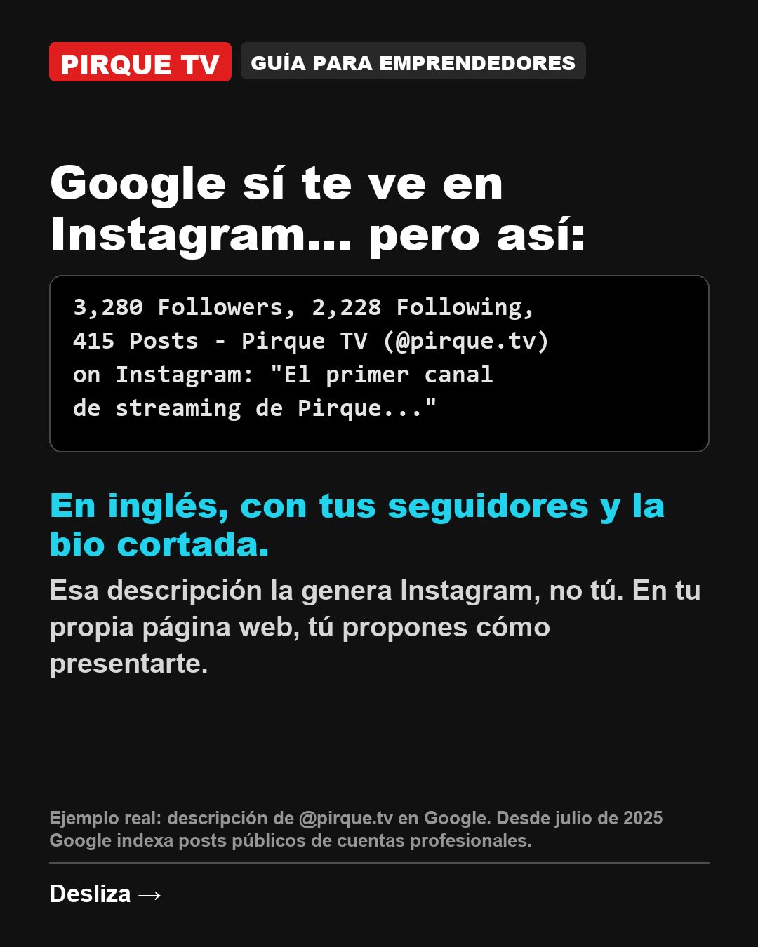 Descripción automática de Instagram para @pirque.tv en Google